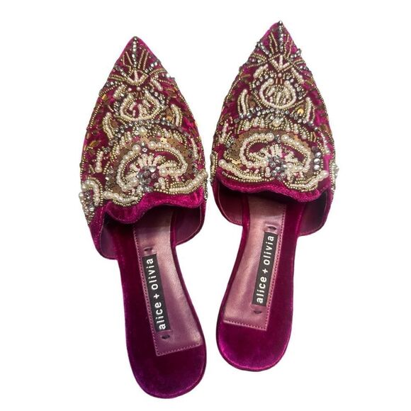Alice + Olivia Raspberry Urtin Embellished Velvet Mules/Slides NWOB Size 8.5 - Picture 8 of 11